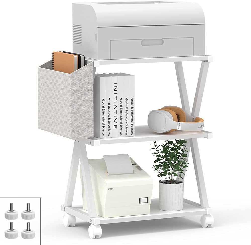 White 3 Tier Wood Printer Stand with Storage Bag E8975