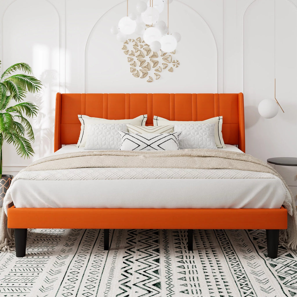 King Size Faux Leather Platform Bed Frame with Wingback Headboard H509
