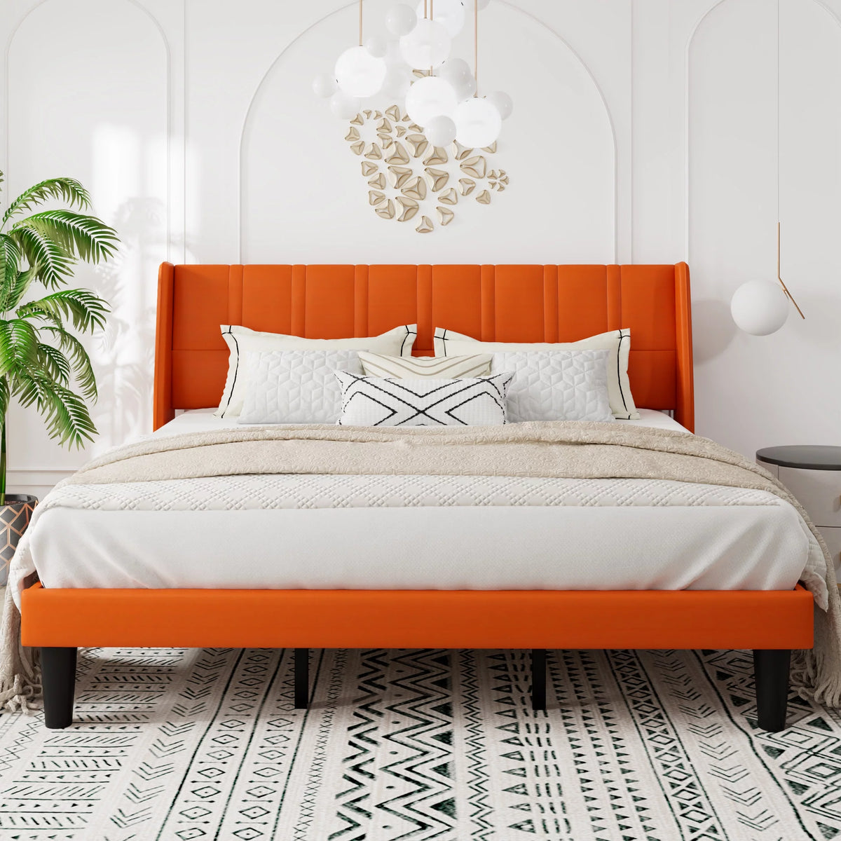 King Size Faux Leather Platform Bed Frame with Wingback Headboard H509