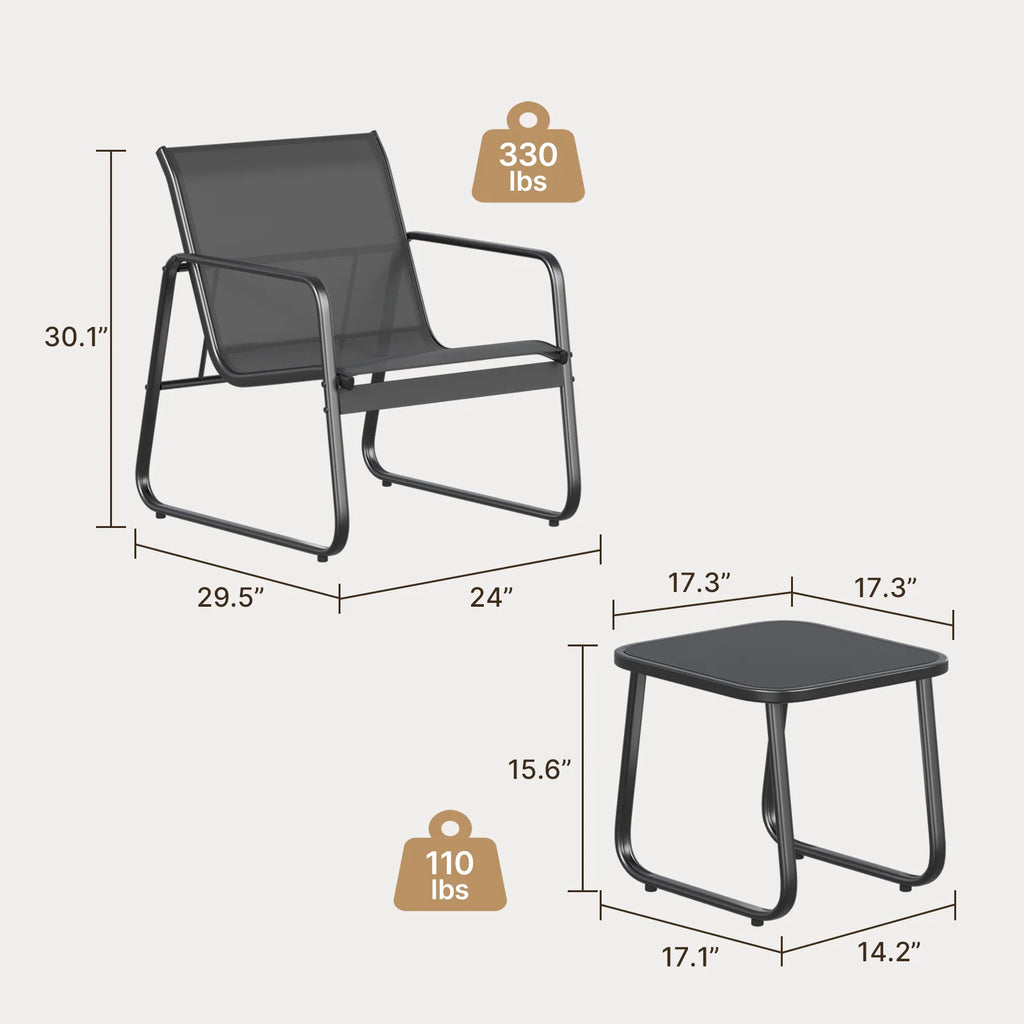 Patio Chairs Set with Glass Coffee Table and Gray Cushion W83285