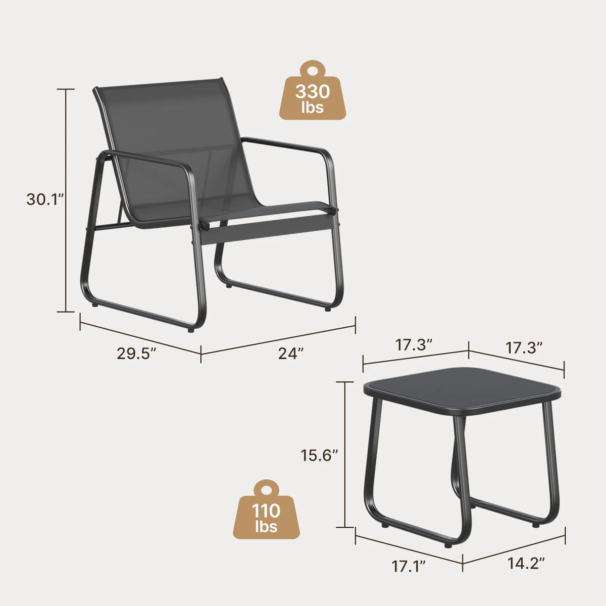 Patio Chairs Set with Glass Coffee Table and Gray Cushion W83285