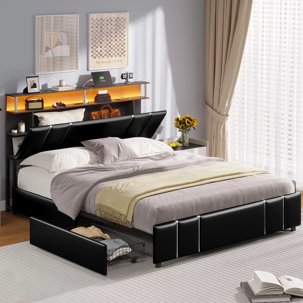 Full Size LED Upholstered Platform Bed with 4 Storage Drawer I886