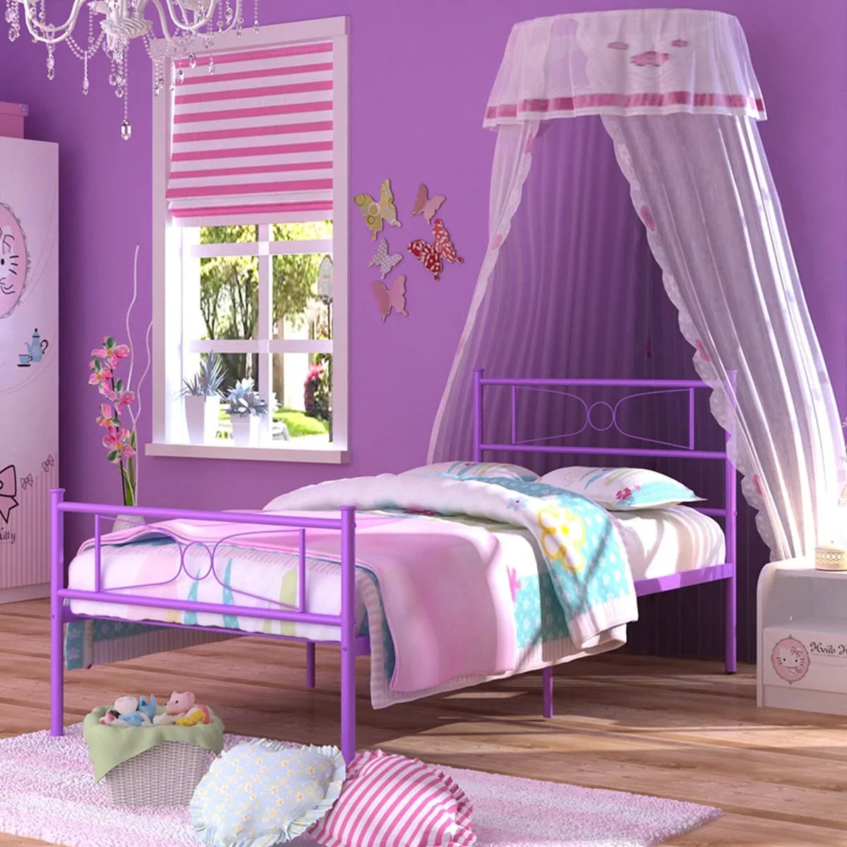 Pink Twin Metal Platform Bed with Headboard and Footboard J6880