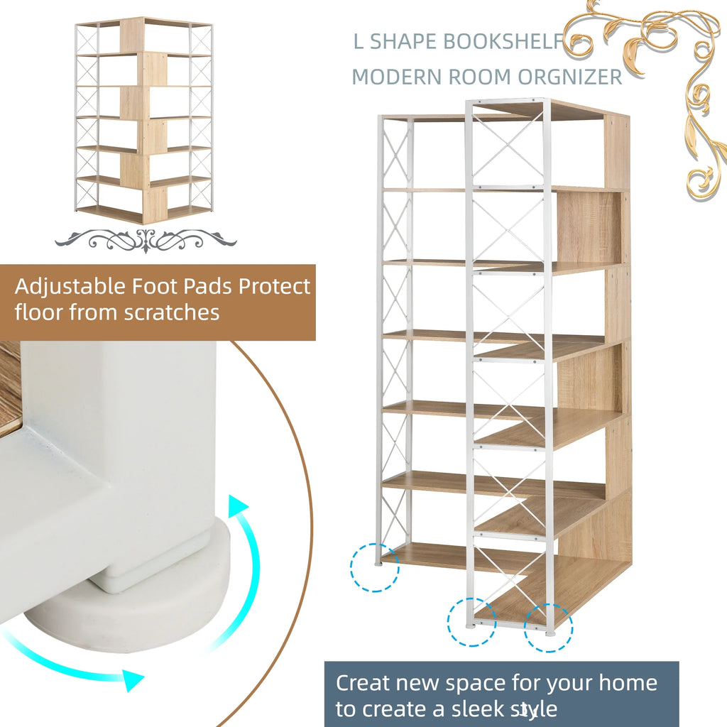 L-Shaped 7-Tier Bookshelf with Metal Frame C241