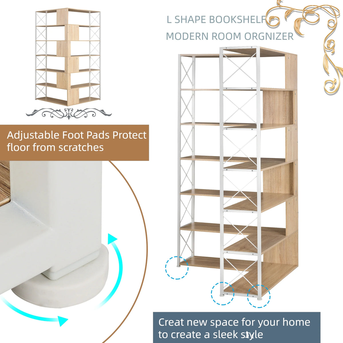 L-Shaped 7-Tier Bookshelf with Metal Frame C241
