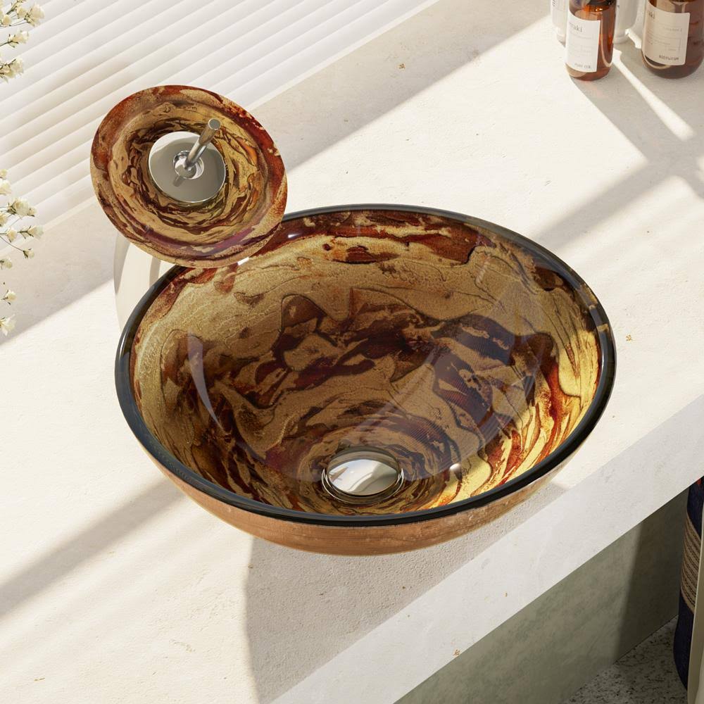 Glass Vessel Sink with Chrome Waterfall Faucet J448401