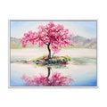 Oriental Cherry Tree Sakura on The Lake Painting on Canvas White Floater Frame 12x22 H x 20x22 K9104