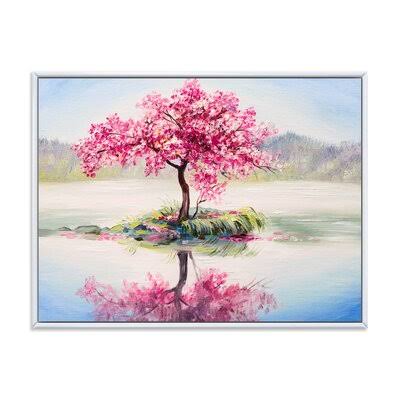 Oriental Cherry Tree Sakura on The Lake Painting on Canvas White Floater Frame 12x22 H x 20x22 K9104