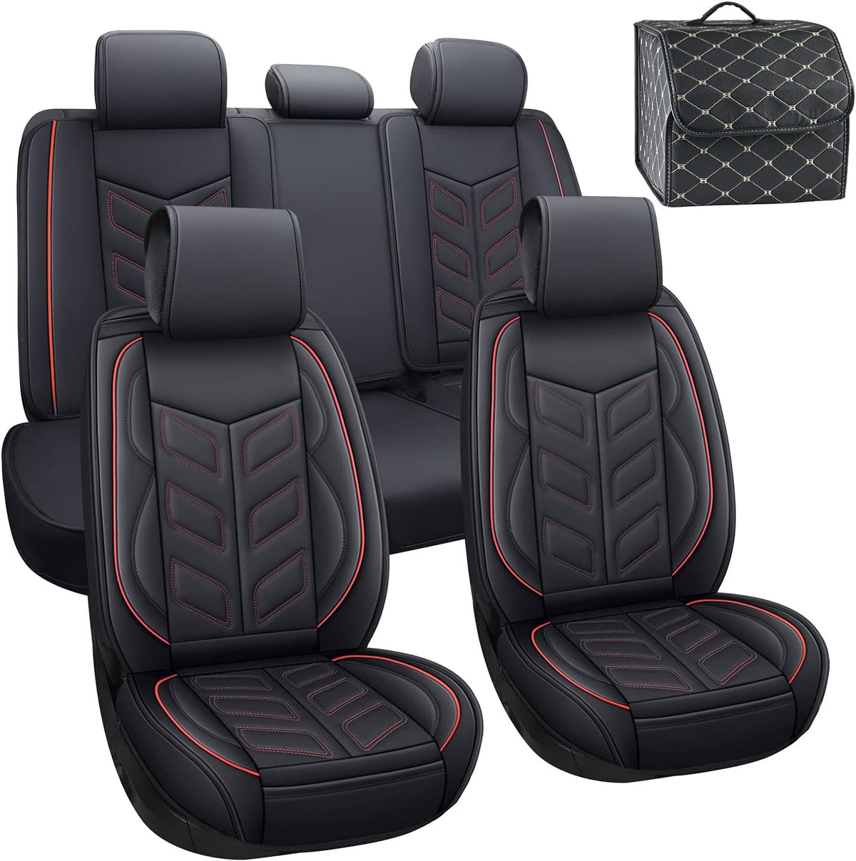 Waterproof Faux Leather Car Seat Covers Full Set Black Red L4722