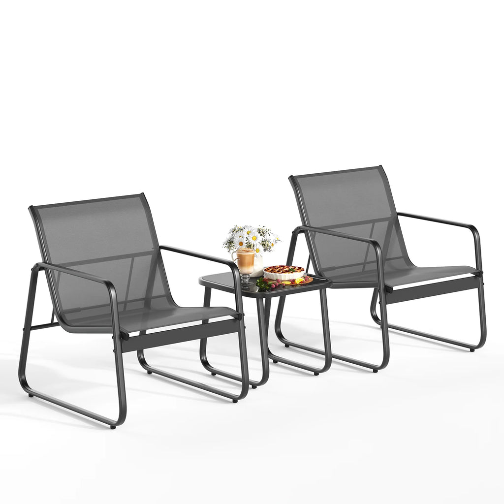 Patio Chairs Set with Glass Coffee Table and Gray Cushion W83285