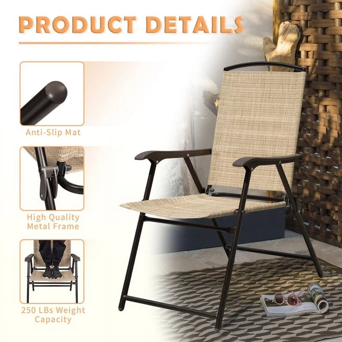 Beige 2 Pieces Patio Folding Chairs Textilene Chair Set I24157