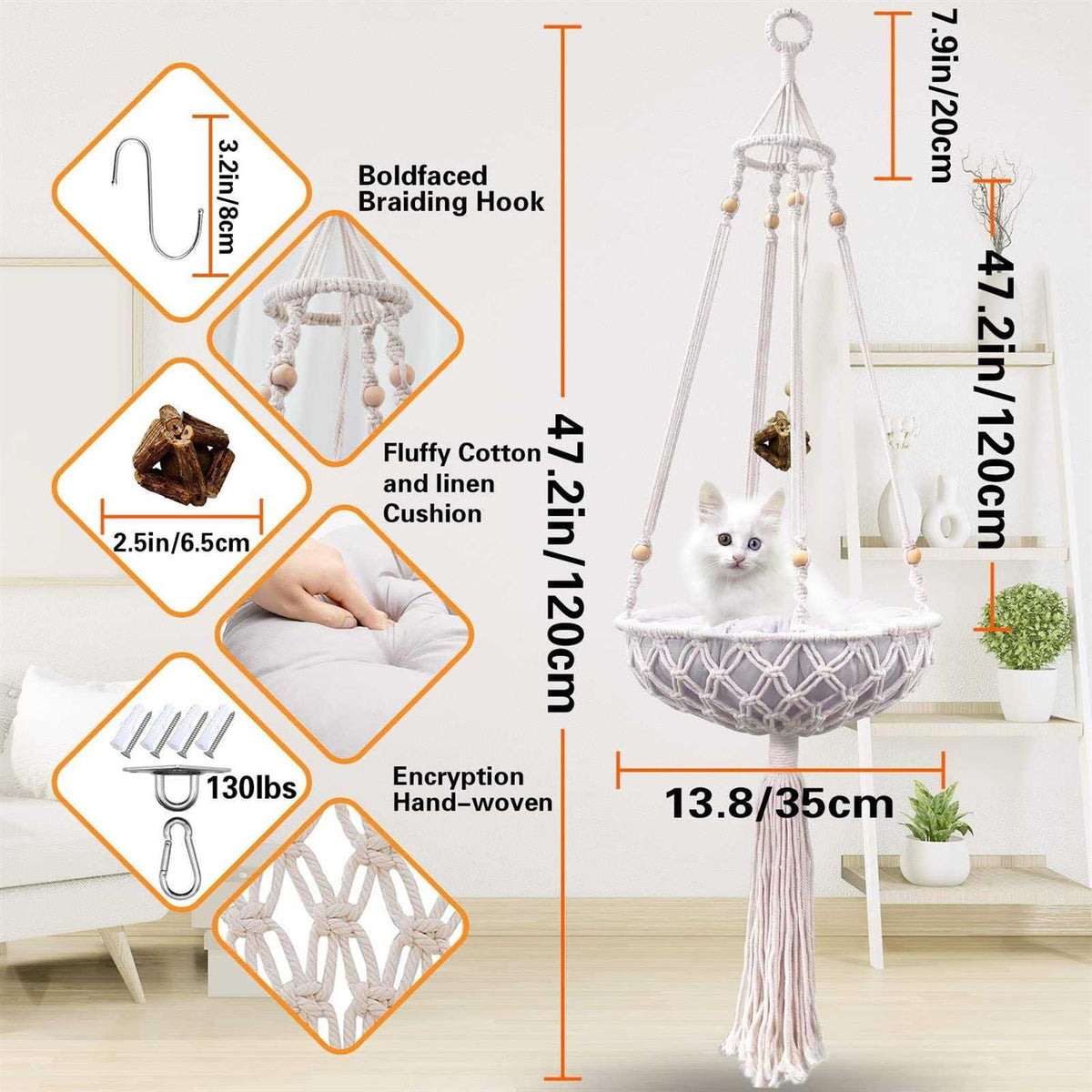 Handwoven Macrame Cat Swing with Hanging Kit X694216