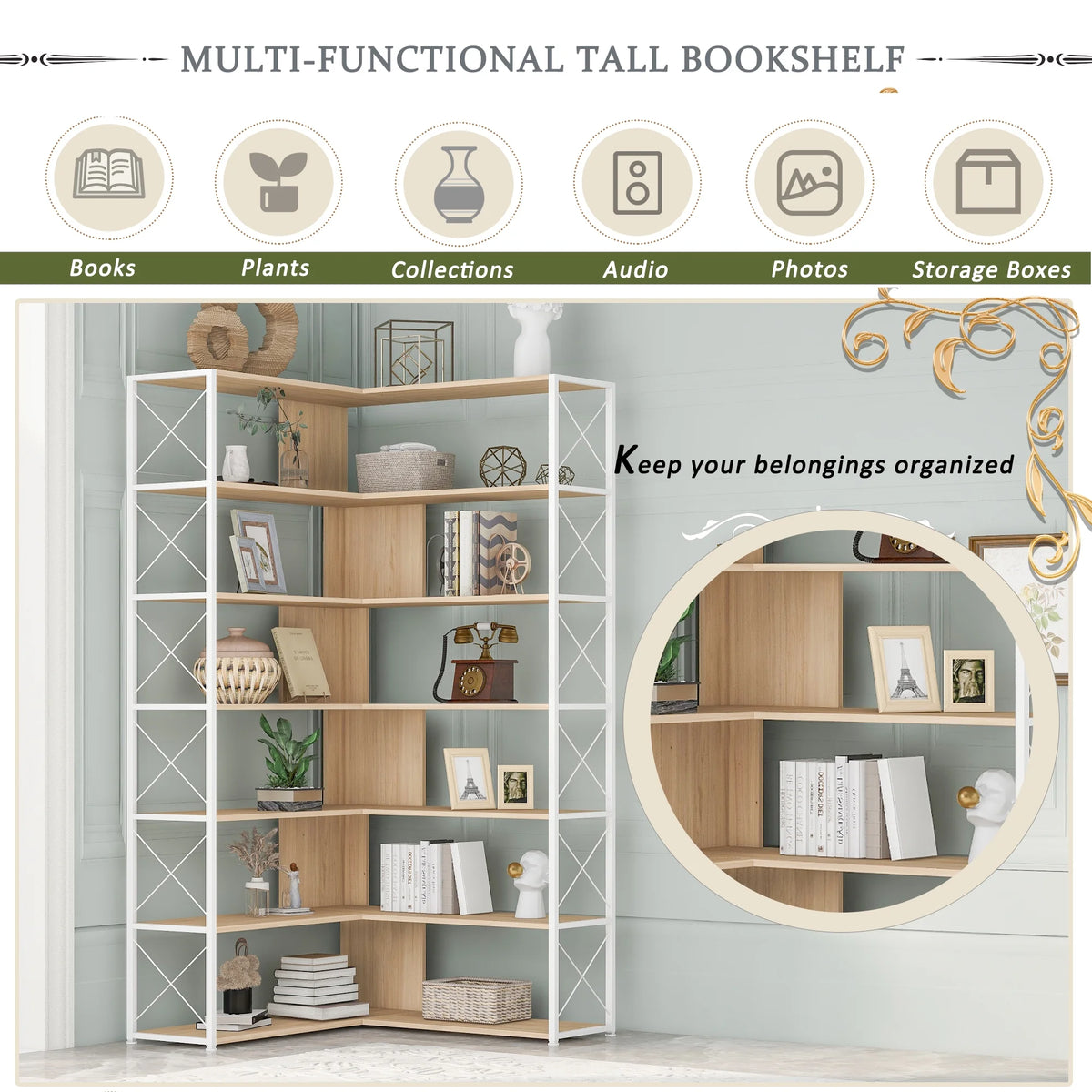 L-Shaped 7-Tier Bookshelf with Metal Frame C241