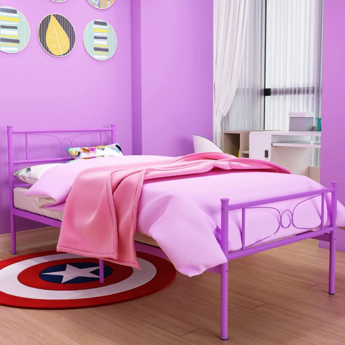 Pink Twin Metal Platform Bed with Headboard and Footboard J6880
