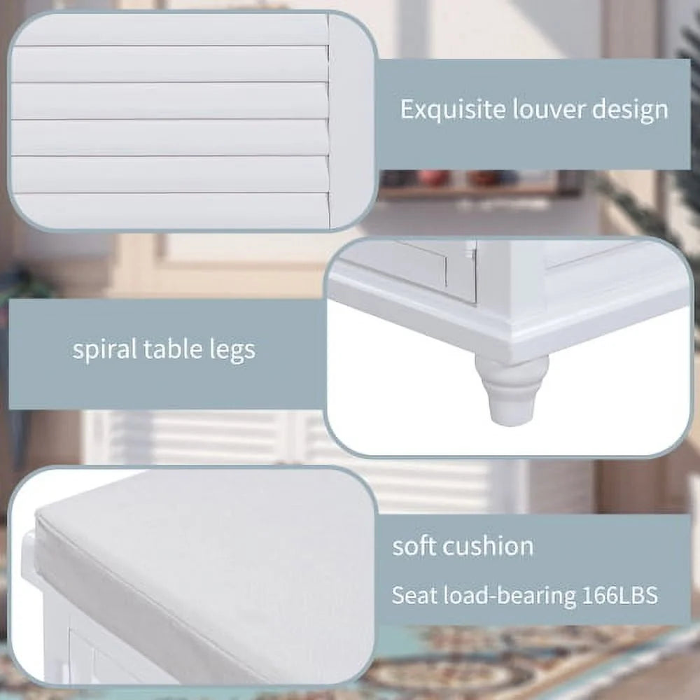 White Wooden Storage Bench with Removable Cushion I478