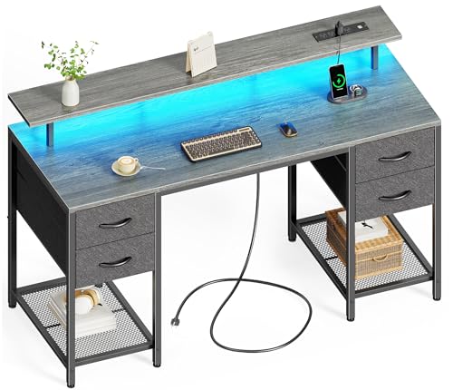 47 inch Computer Desk with 4 Drawers, LED Lights & Power Outlets, Black G471252