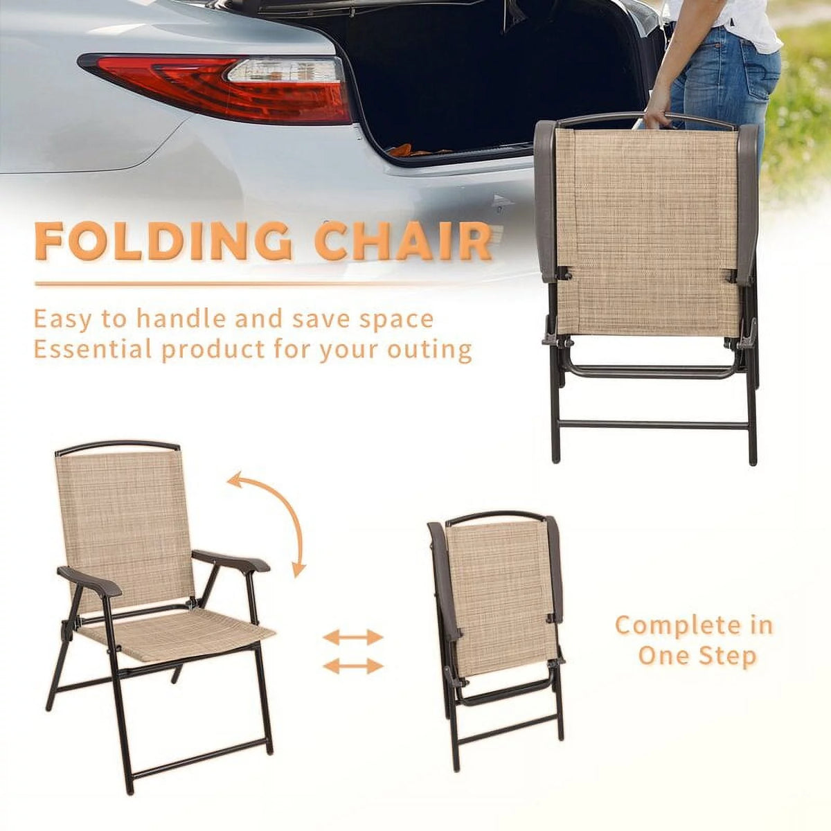 Beige 2 Pieces Patio Folding Chairs Textilene Chair Set I24157