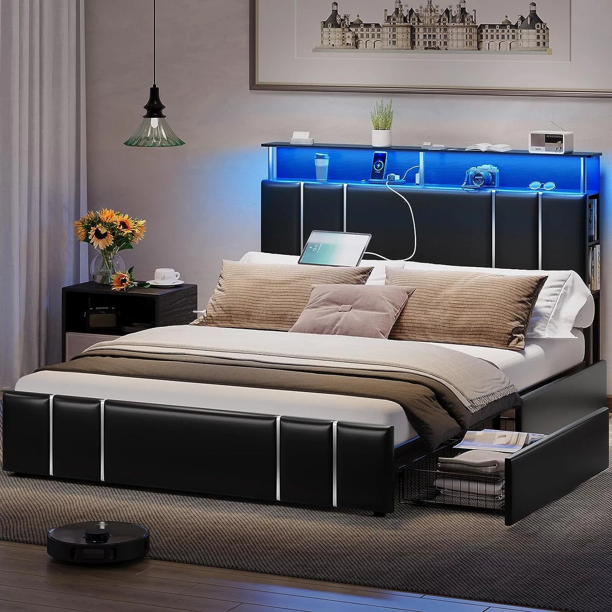 Full Size LED Upholstered Platform Bed with 4 Storage Drawer I886