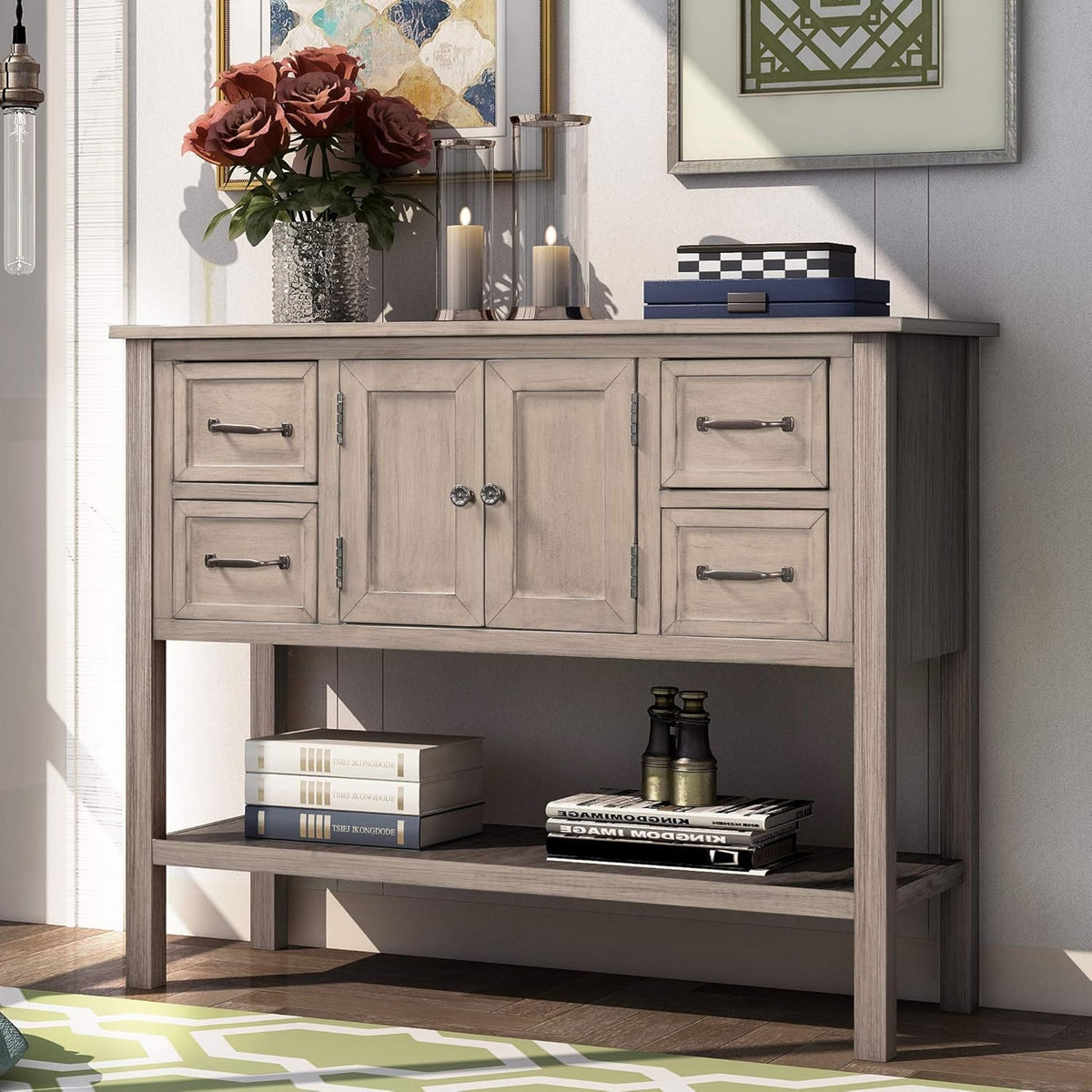 Green Wood Buffet Storage Cabinet with Drawers B85115