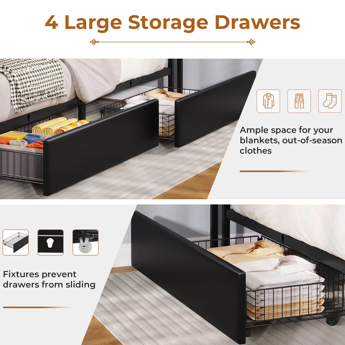 Full Size LED Upholstered Platform Bed with 4 Storage Drawer I886
