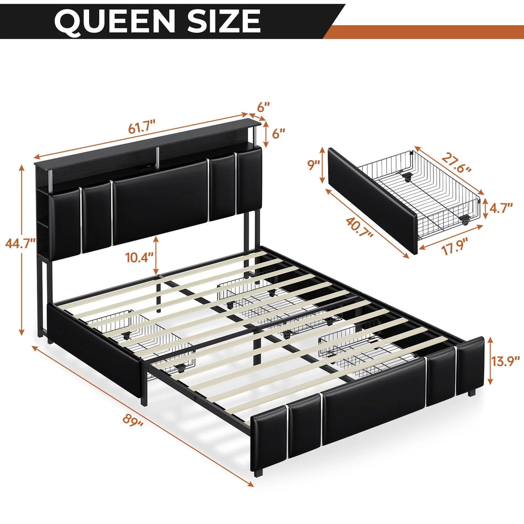 Full Size LED Upholstered Platform Bed with 4 Storage Drawer I886