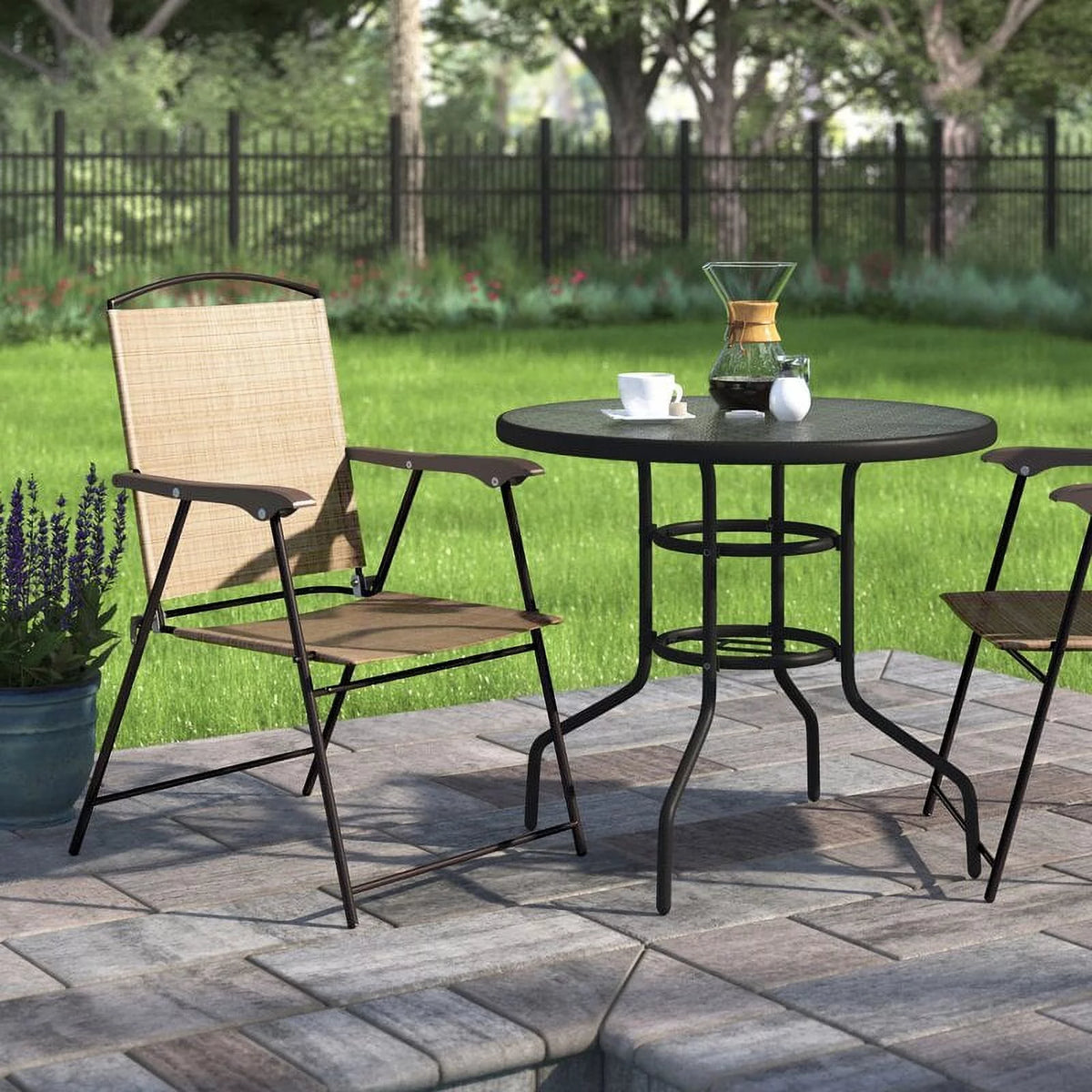 Beige 2 Pieces Patio Folding Chairs Textilene Chair Set I24157