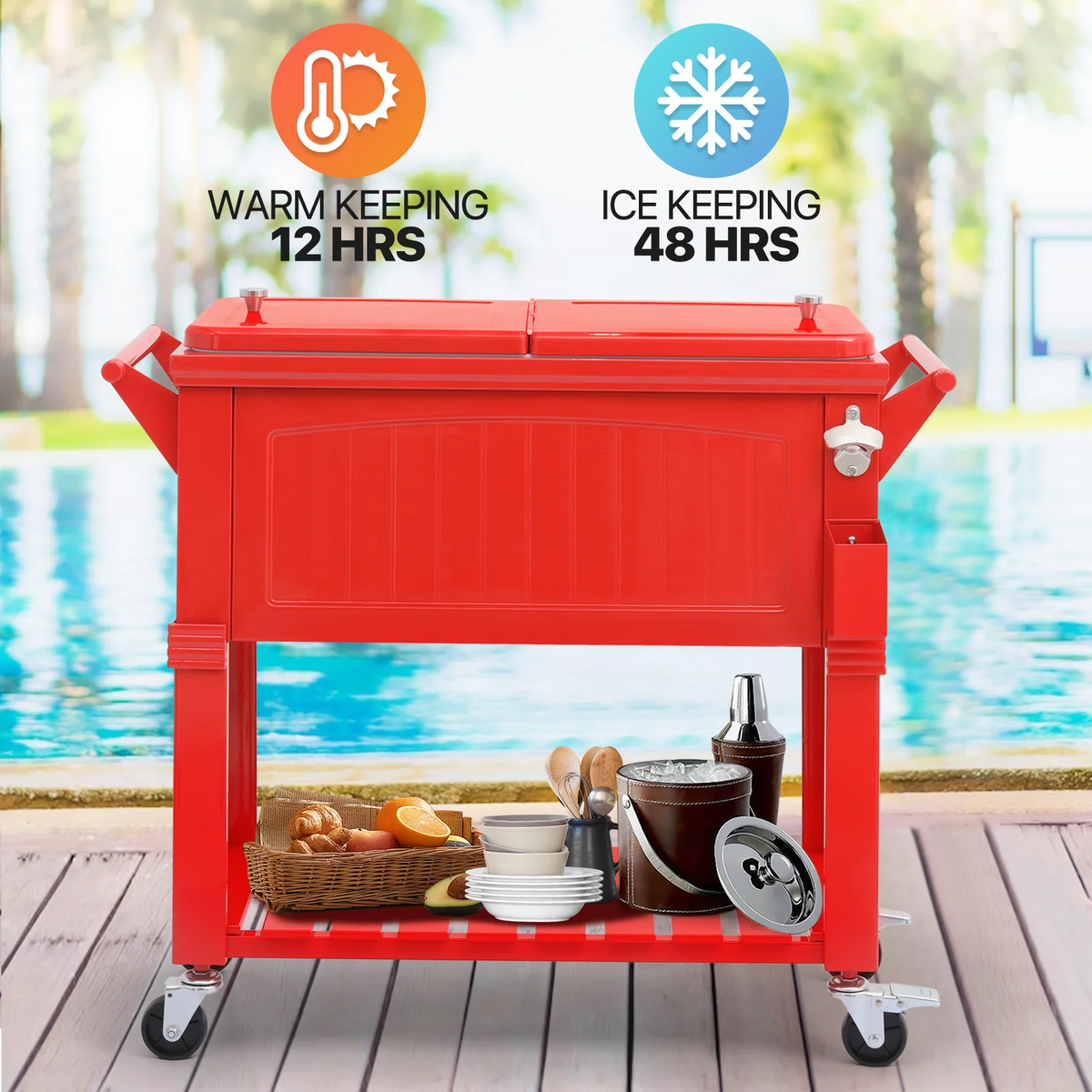 Portable Rolling Cooler Ice Chest with Wheels and Ice Scoop, Red C42688