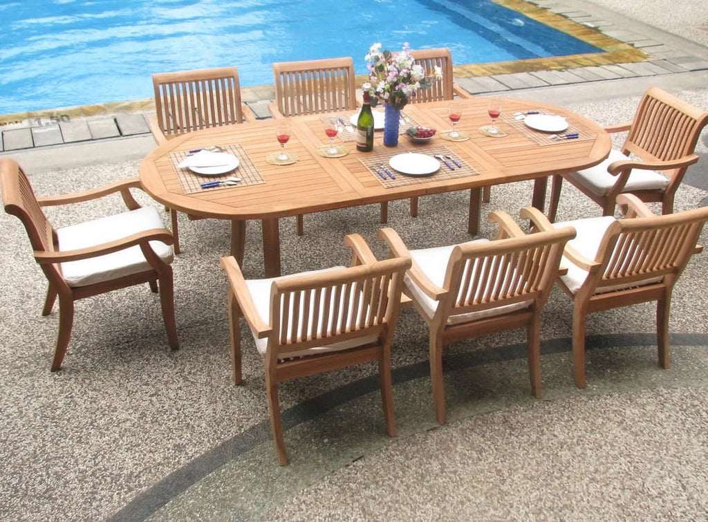 8 Seater 9 Pc Teak Dining Set with Oval Table and 8 Stacking Arm Chairs M23938