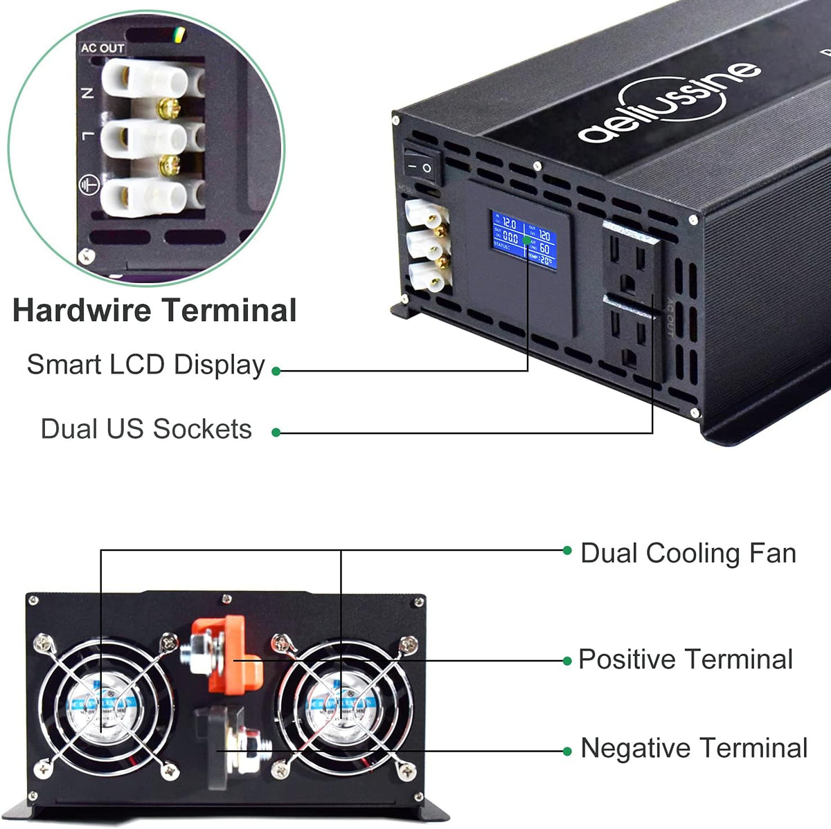 2000 watt Pure Sine Wave Power Inverter 24v dc to ac 110v 120v V228