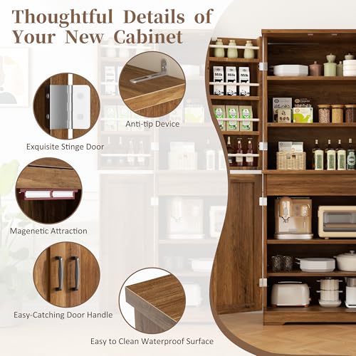 White Freestanding Kitchen Pantry Cabinet with 8 Door Shelves, 2 Cabinets and 1 Drawer O8366