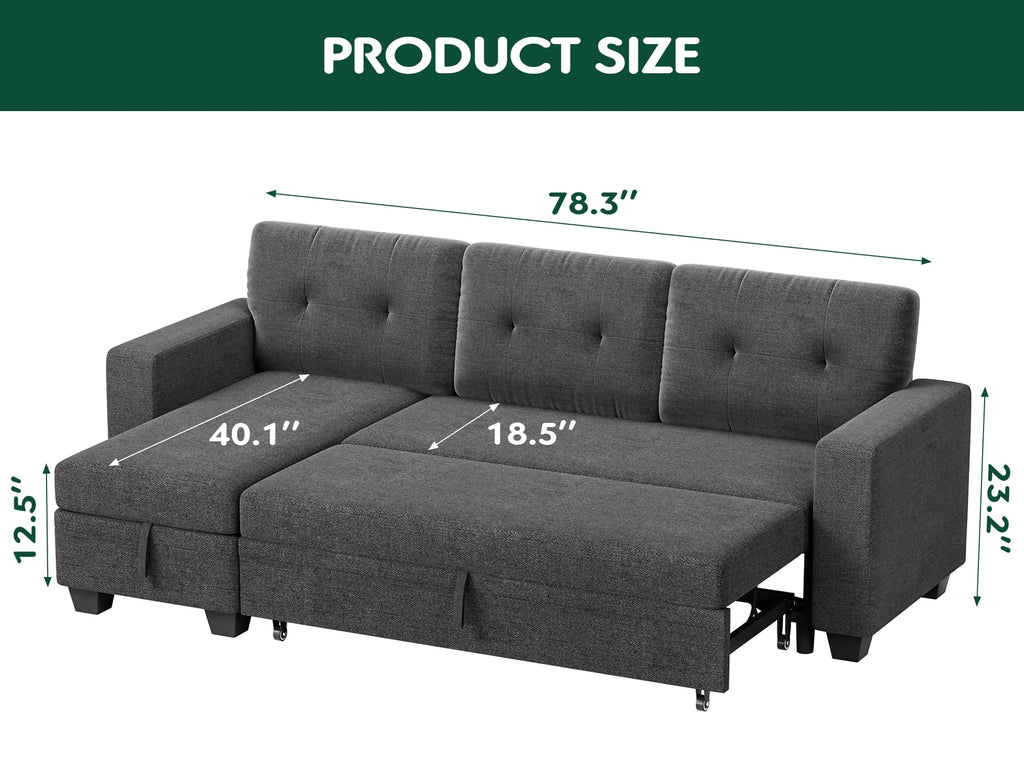 78.3'' W Convertible L-Shape Sofa with Storage Chaise and Pull-out Sofa Bed, Gray W10097