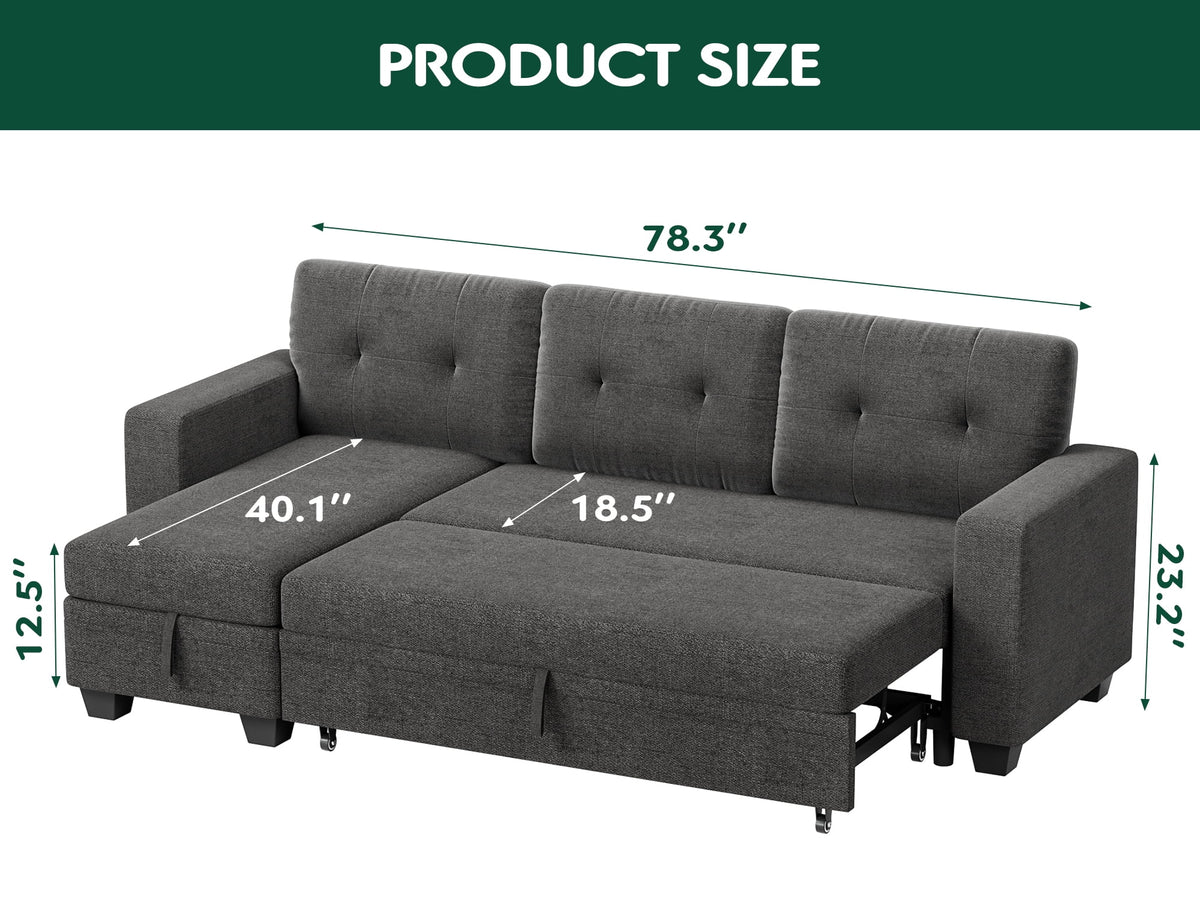 78.3'' W Convertible L-Shape Sofa with Storage Chaise and Pull-out Sofa Bed, Gray W10097
