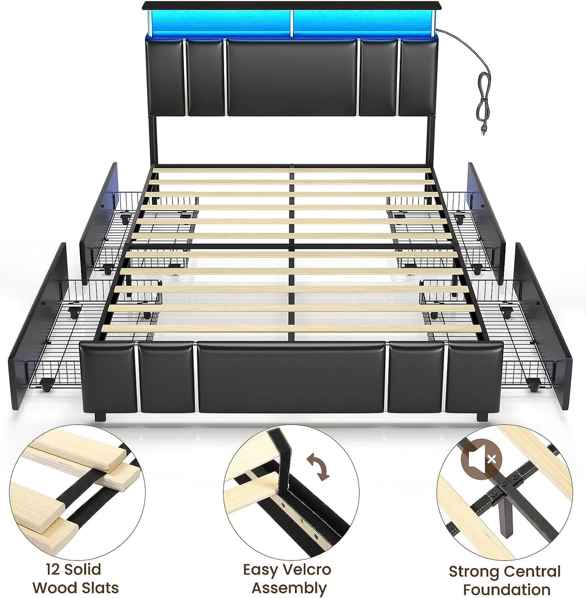 Full Size LED Upholstered Platform Bed with 4 Storage Drawer I886