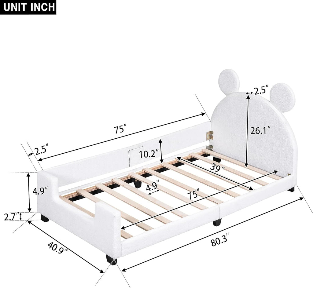 White Upholstered Bed with Bear Shaped Headboard B401050