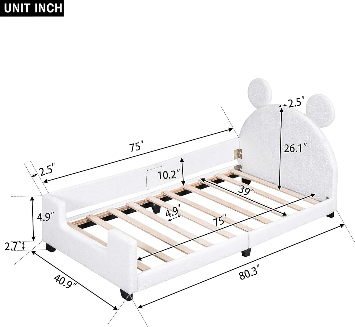 White Upholstered Bed with Bear Shaped Headboard B401050