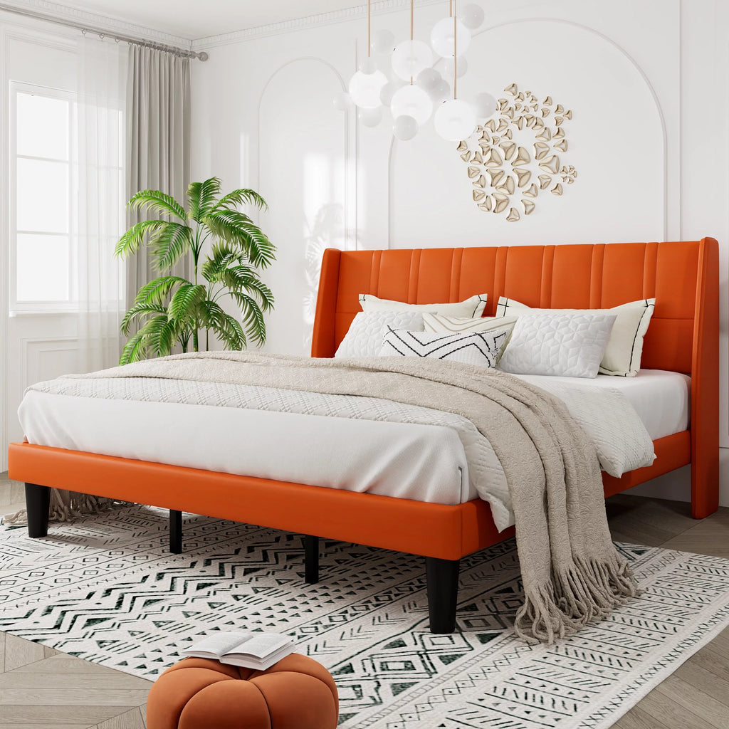 King Size Faux Leather Platform Bed Frame with Wingback Headboard H509
