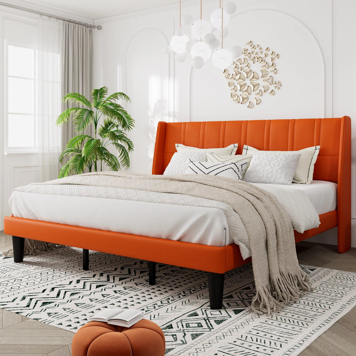 King Size Faux Leather Platform Bed Frame with Wingback Headboard H509
