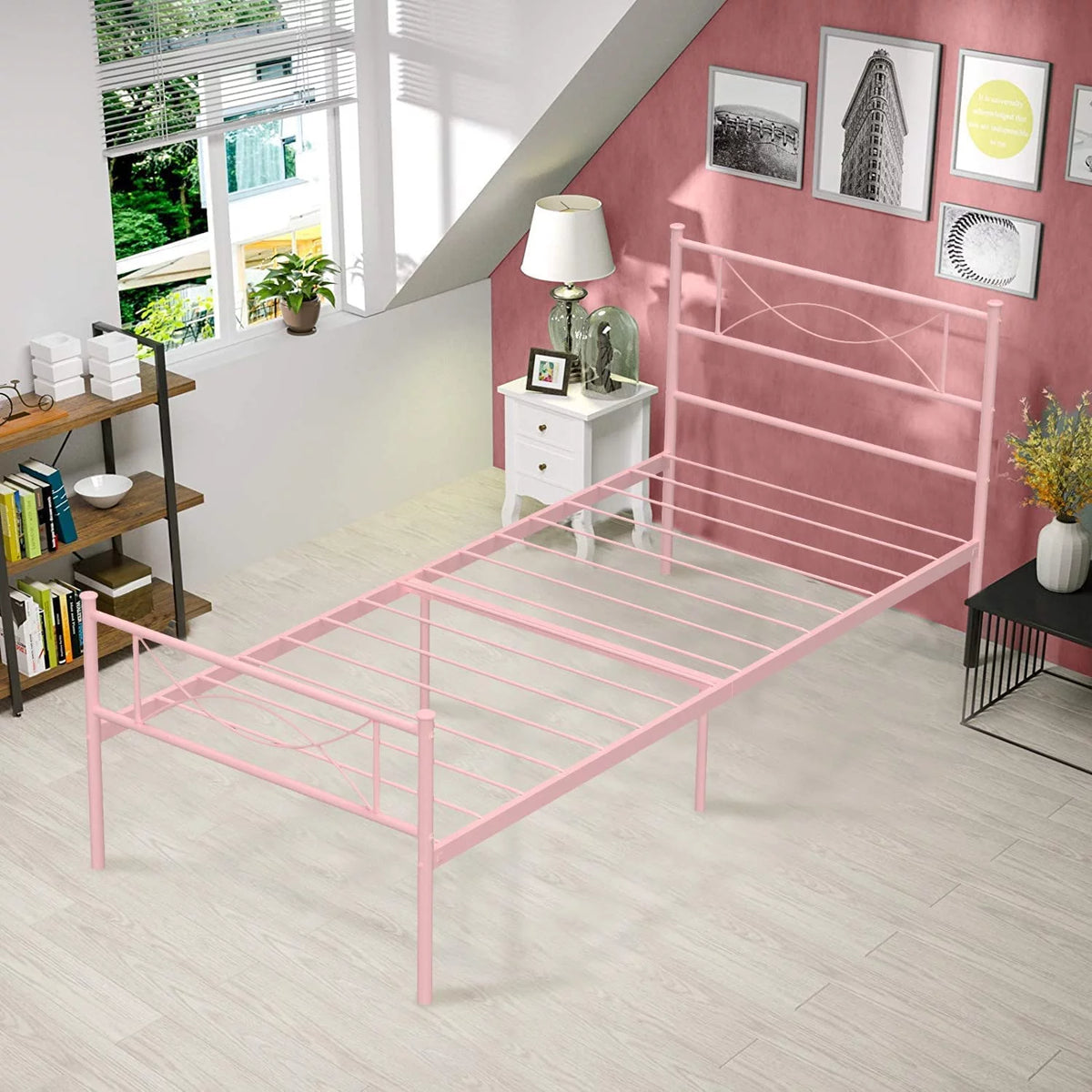 Pink Twin Metal Platform Bed with Headboard and Footboard J6880