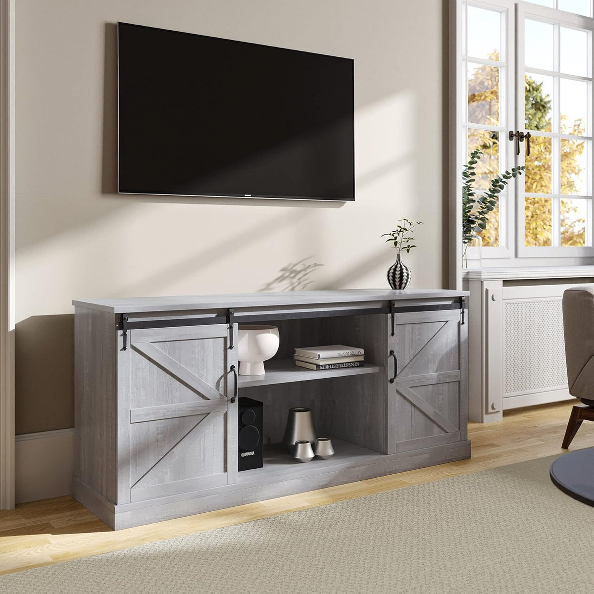 60 Inch Farmhouse TV Stand with Adjustable Shelves and Barn Doors I869