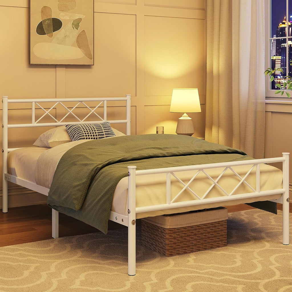 White Metal XL Bed Frame with Headboard S318912