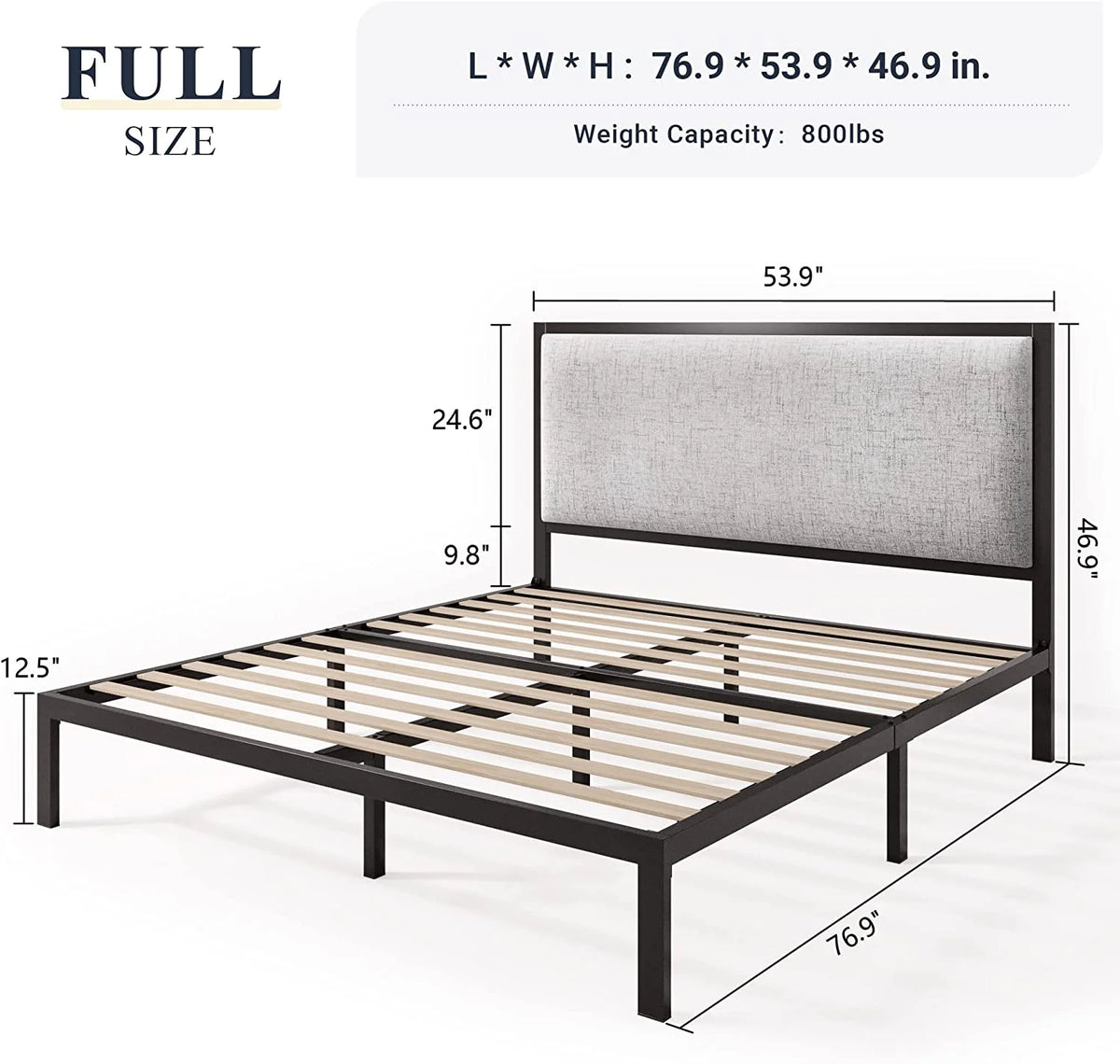 Queen Size Grey Metal Platform Bed Frame with Fabric Upholstered Headboard J239646