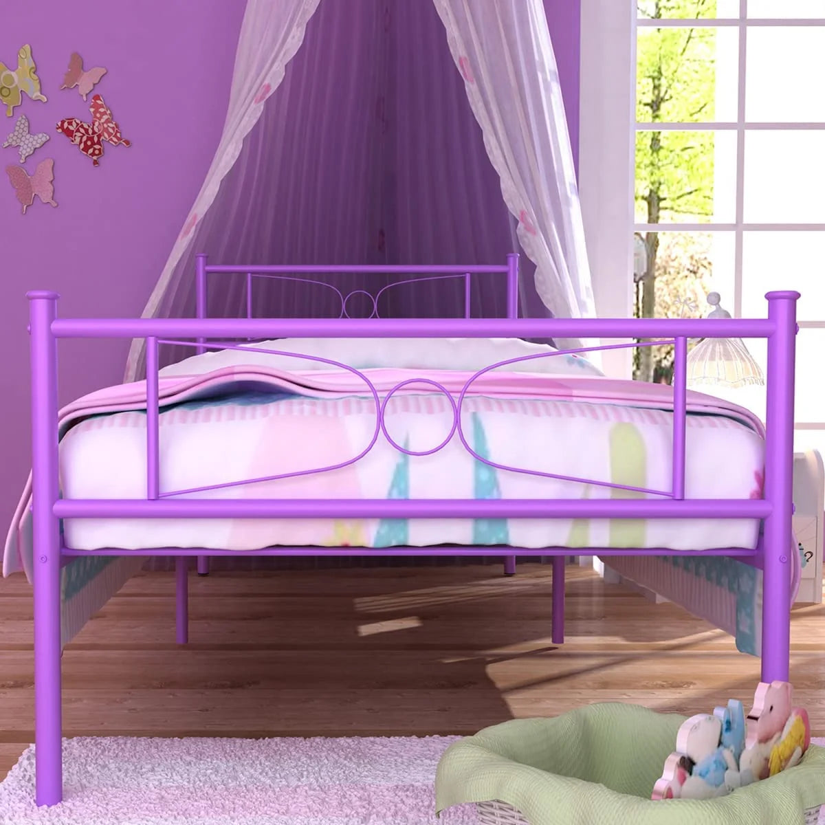 Pink Twin Metal Platform Bed with Headboard and Footboard J6880
