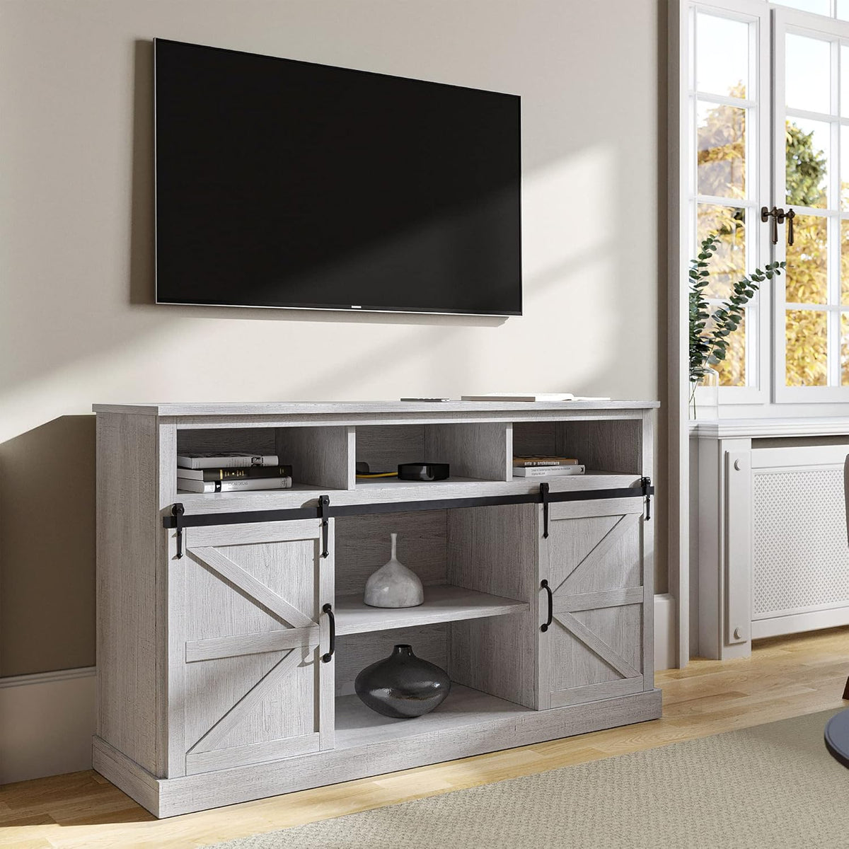 60 Inch Farmhouse TV Stand with Adjustable Shelves and Barn Doors I869