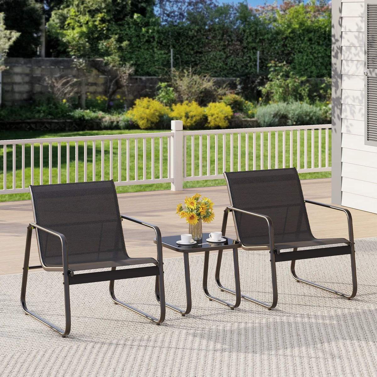 Patio Chairs Set with Glass Coffee Table and Gray Cushion W83285