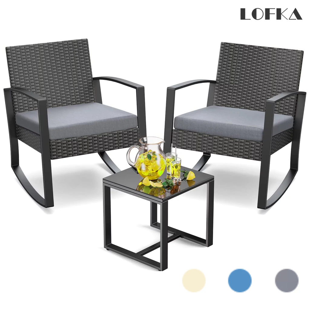 Patio Chairs Set with Glass Coffee Table and Gray Cushion W83285