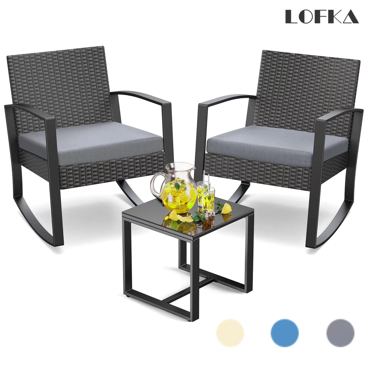 Patio Chairs Set with Glass Coffee Table and Gray Cushion W83285