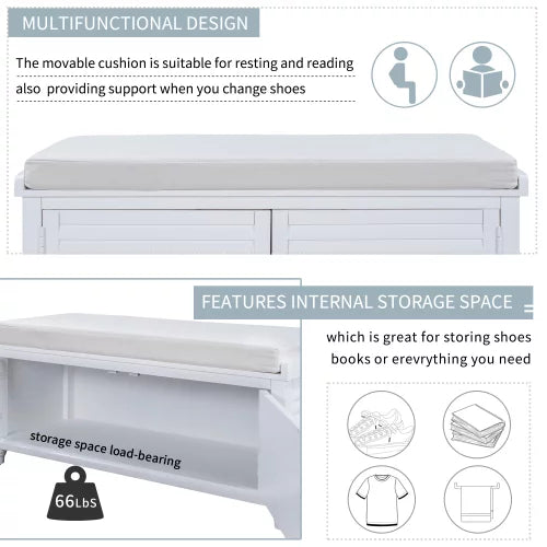 White Wooden Storage Bench with Removable Cushion I478