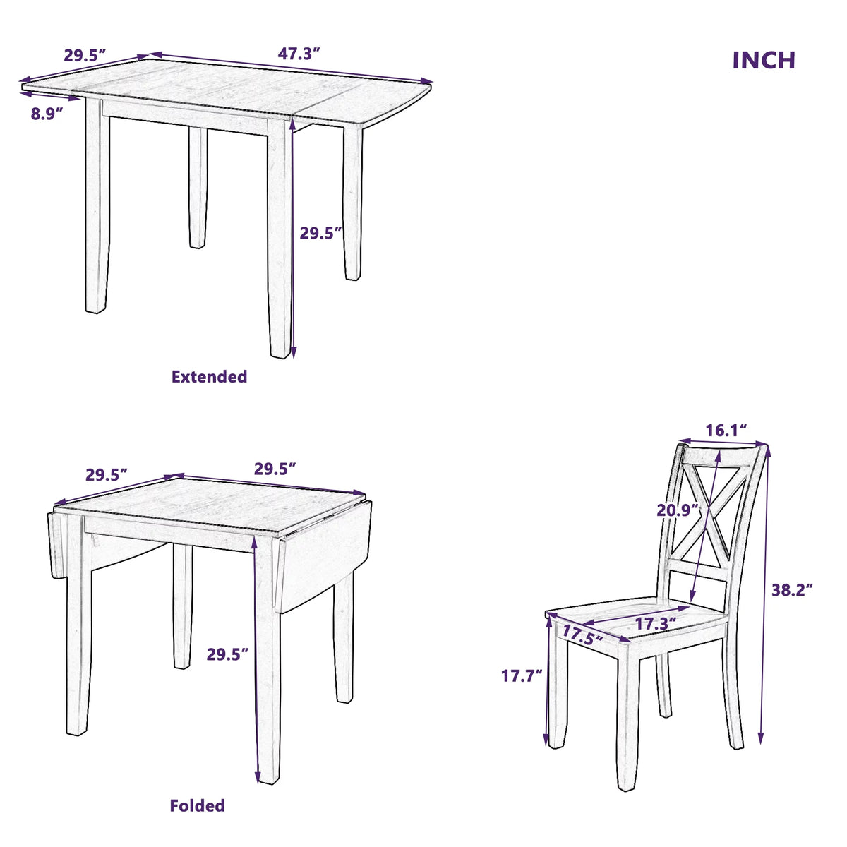 3-Piece Wood Drop Leaf Dining Table Set with 2 Chairs U846164