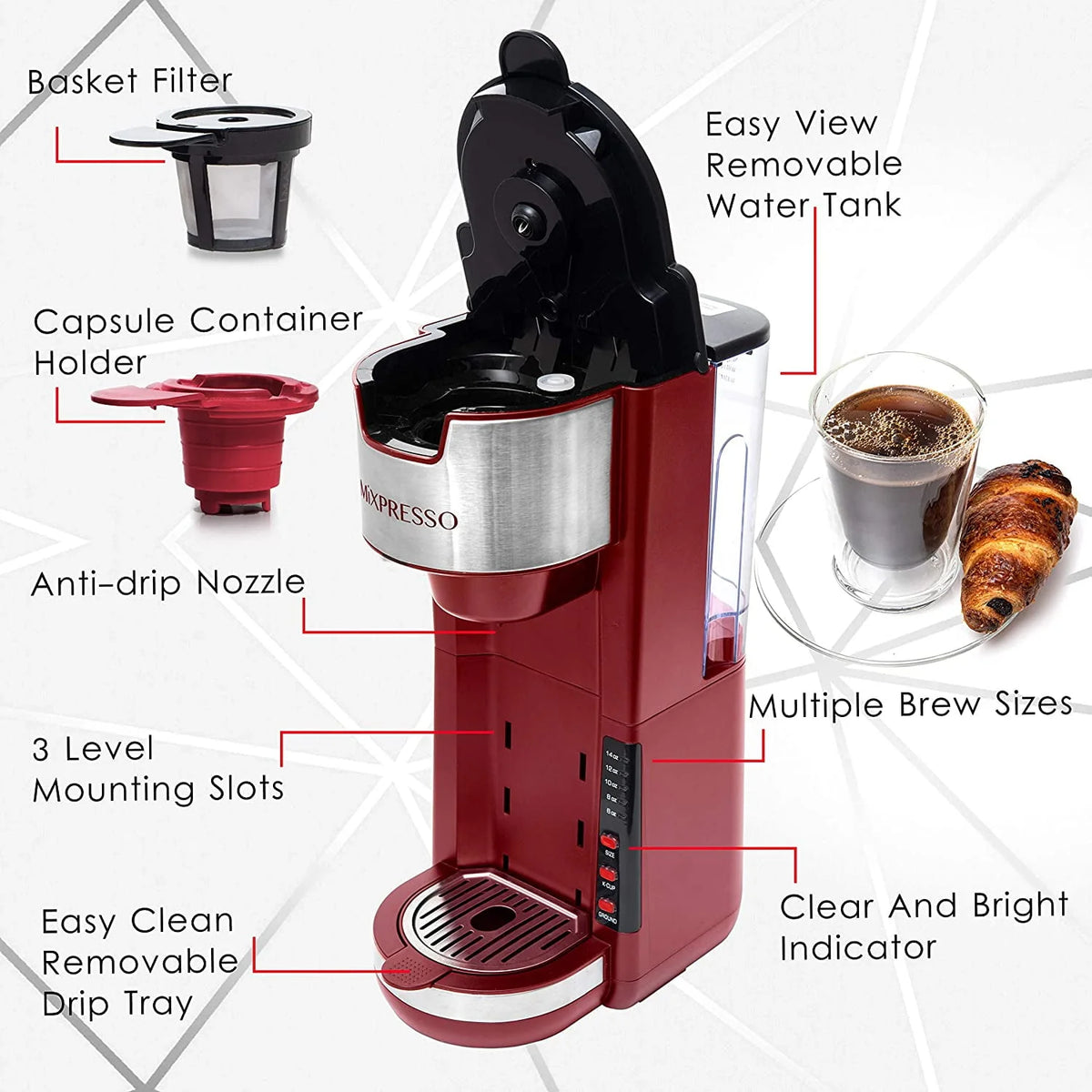 2 in 1 Single Serve Coffee Brewer with 30 oz Reservoir, 5 Brew Size, White R673318