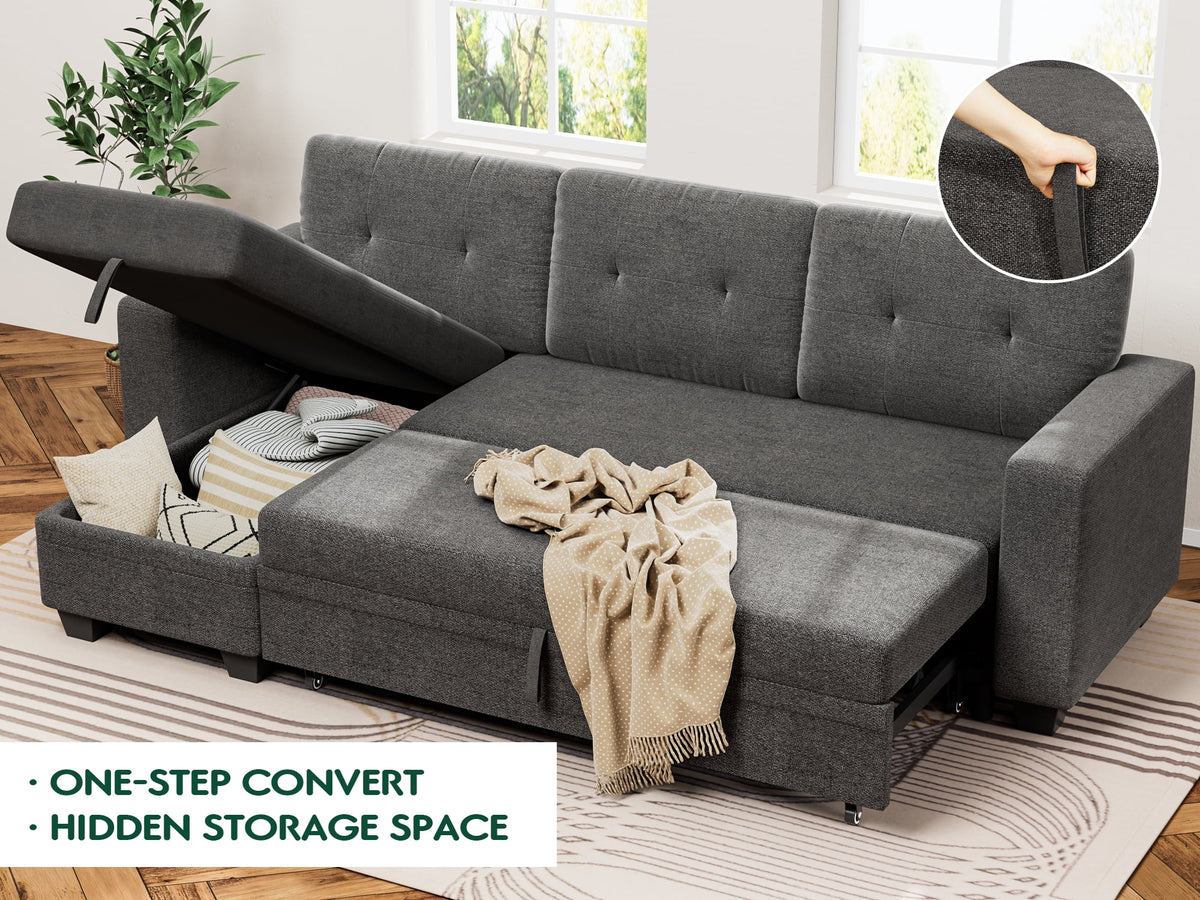 78.3'' W Convertible L-Shape Sofa with Storage Chaise and Pull-out Sofa Bed, Gray W10097